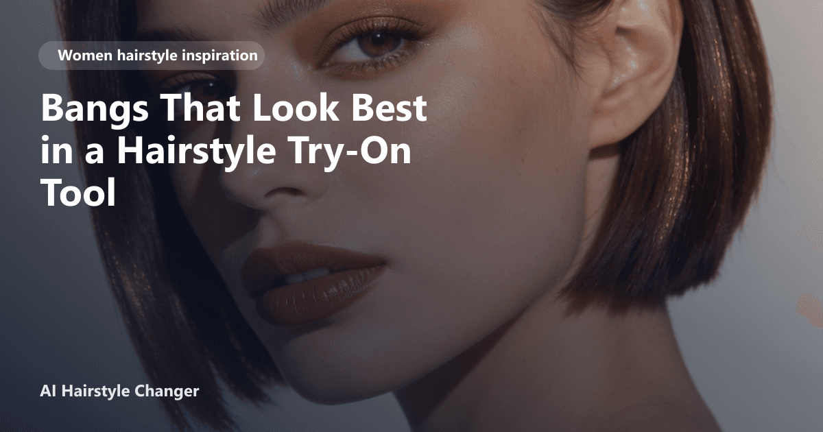 Woman with long, layered curtain bangs and soft waves, smiling and looking at her reflection, overlaid with the page title text.