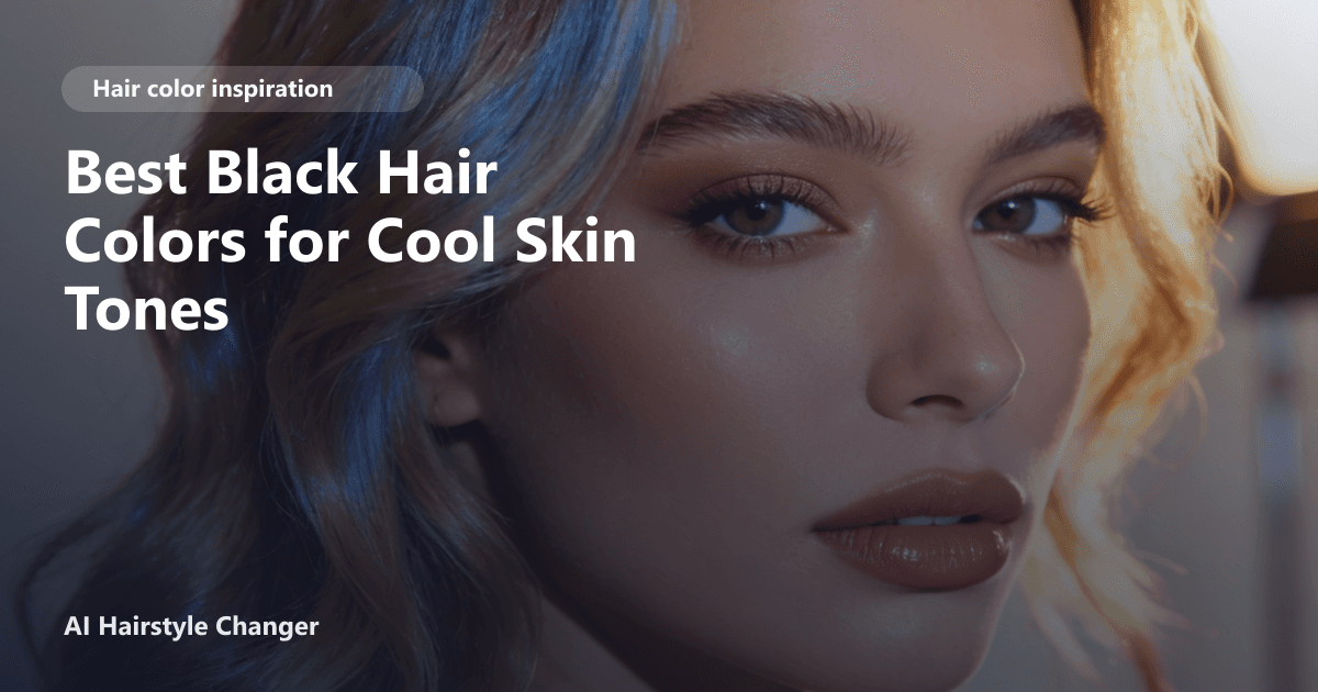 Close-up portrait with dimensional black tones and "Best Black Hair Colors for Cool Skin Tones" title overlay.