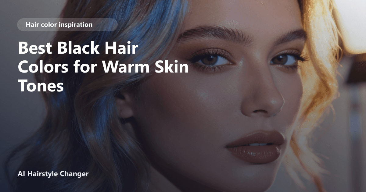 Close-up portrait with dimensional black tones and "Best Black Hair Colors for Warm Skin Tones" title overlay.