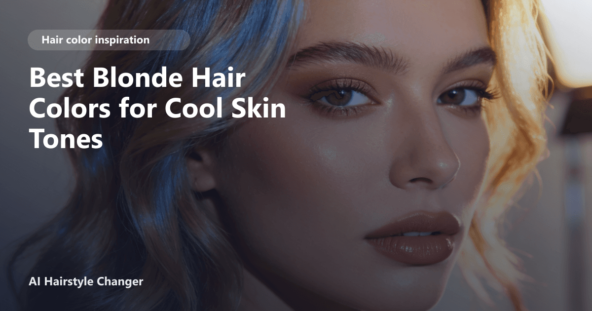 Close-up portrait with dimensional blonde tones and "Best Blonde Hair Colors for Cool Skin Tones" title overlay.