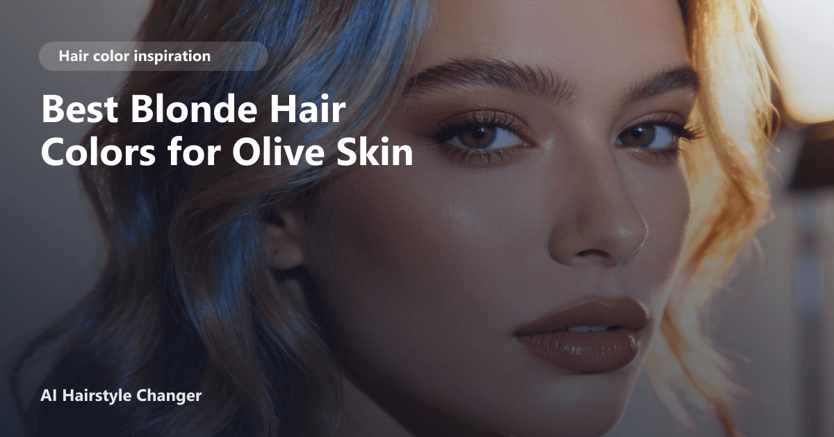 Close-up portrait with dimensional blonde tones and "Best Blonde Hair Colors for Olive Skin" title overlay.