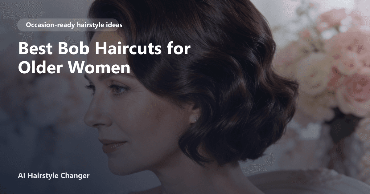 Smiling older Black woman with a sleek chin-length bob haircut, subtle layering, and side-swept fringe, styled for a wedding occasion.