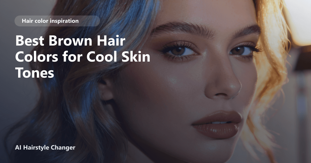 Close-up portrait with dimensional brown tones and "Best Brown Hair Colors for Cool Skin Tones" title overlay.