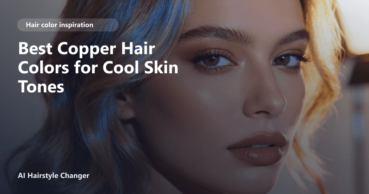 Close-up portrait with dimensional red-copper tones and "Best Copper Hair Colors for Cool Skin Tones" title overlay.