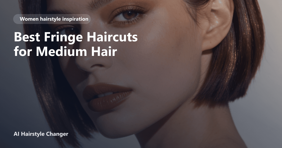 Woman with medium-length hair styled in soft curtain bangs, showing natural volume and face-framing layers, with page title text overlay.