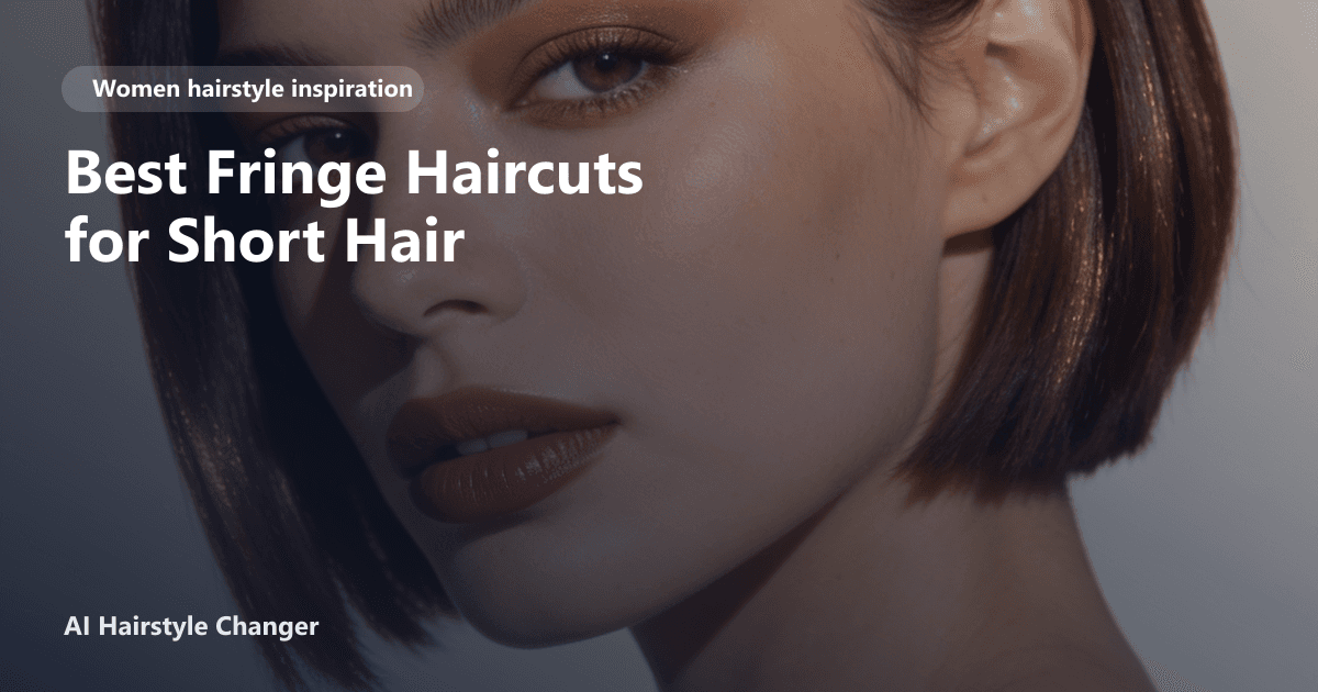 A woman with a textured bob and soft curtain bangs, styled with volume and shine, against a neutral background with the page title text overlay.