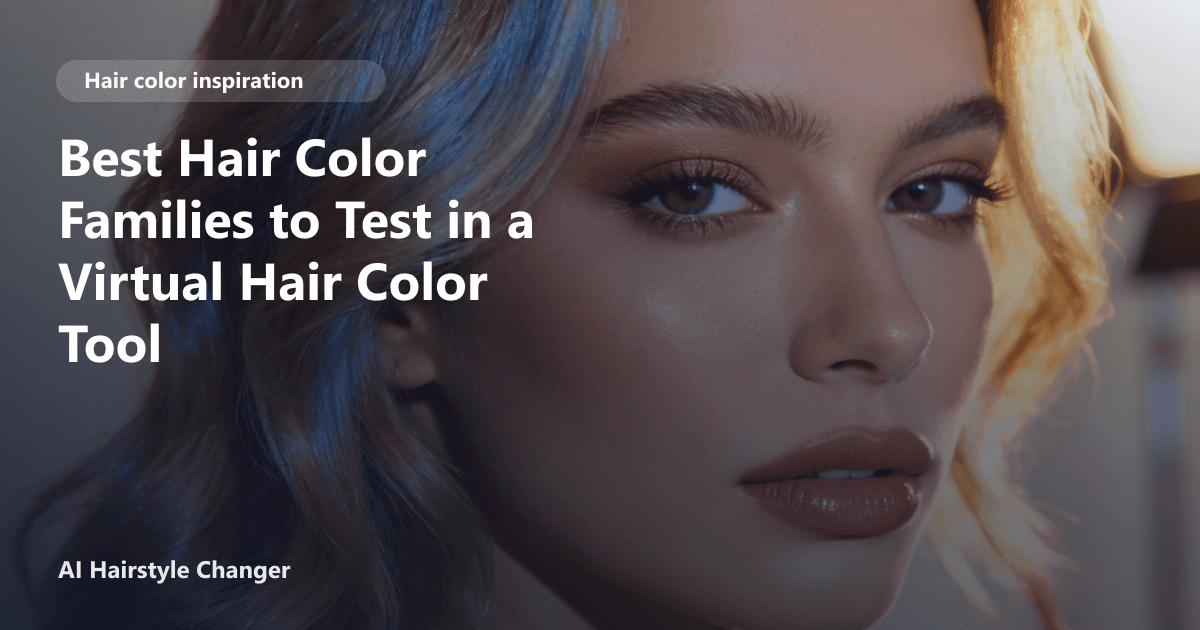 Close-up portrait with dimensional multi-tonal hair color and "Best Hair Color Families to Test in a Virtual Hair Color Tool" title overlay.