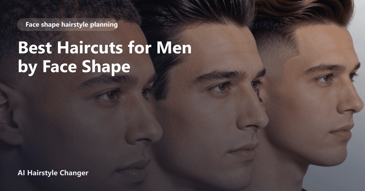 Three men with different face shapes wearing distinct haircut directions, with Best Haircuts for Men by Face Shape title overlay.