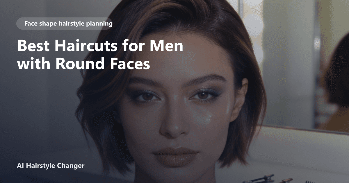 Men's haircut lineup showing distinct styles matched to different face shapes, with "Best Haircuts for Men with Round Faces" title overlay.