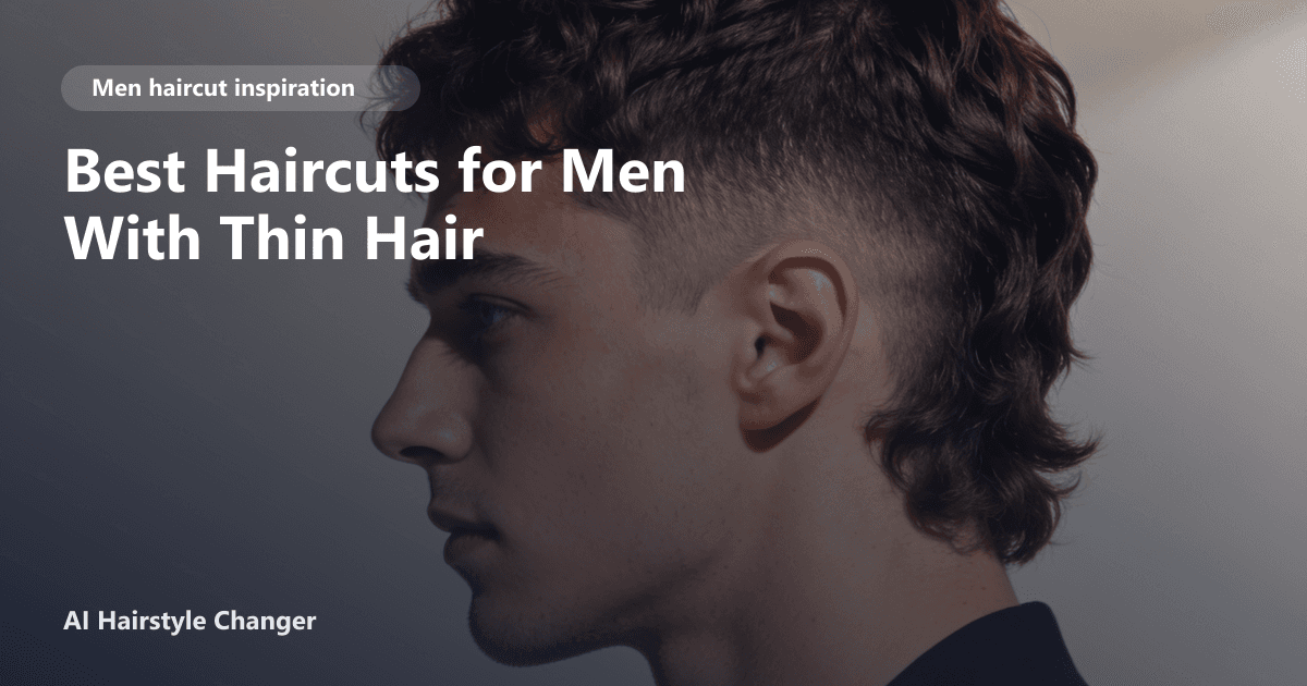Modern men's haircut with defined shape, clean sides, and natural texture, with "Best Haircuts for Men With Thin Hair" title overlay.