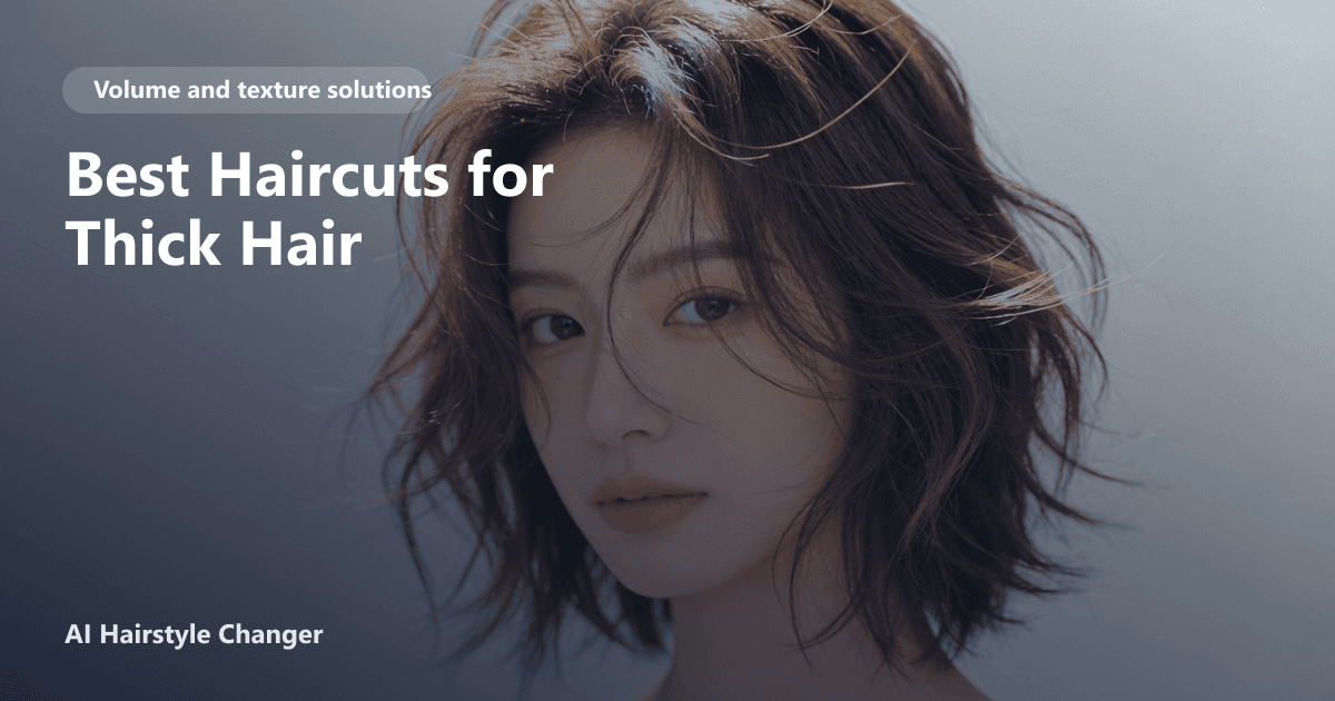 Woman with thick, layered hair styled in a modern long cut, showing movement and volume, with 'Best Haircuts for Thick Hair' page title overlay