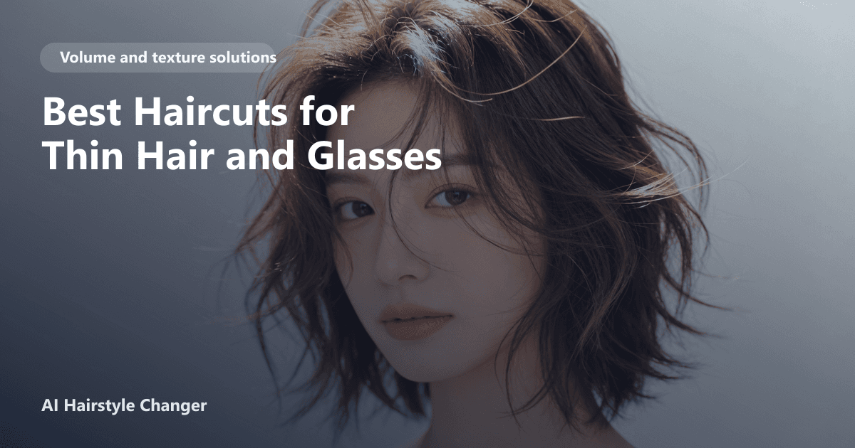 Woman with thin, chin-length bob and side-swept bangs wearing bold glasses, showing a flattering haircut for thin hair and glasses.