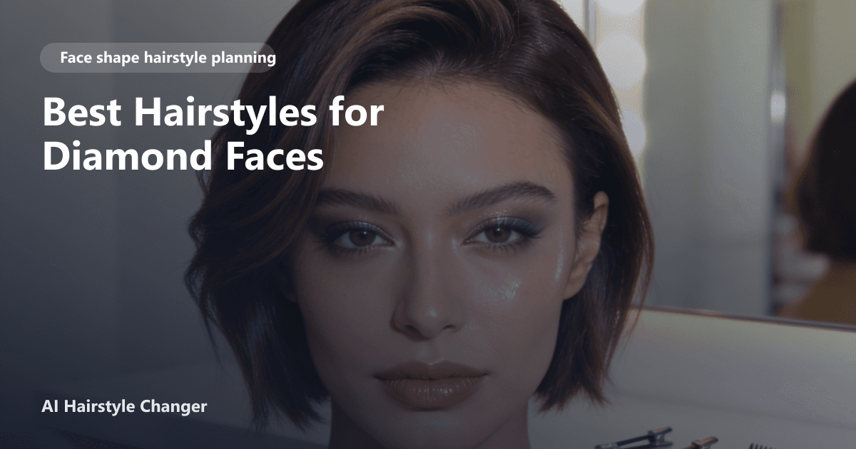 Portrait lineup showing haircut directions that flatter different face shapes, with "Best Hairstyles for Diamond Faces" title overlay.