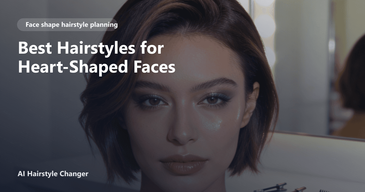 Portrait lineup showing haircut directions that flatter different face shapes, with "Best Hairstyles for Heart-Shaped Faces" title overlay.