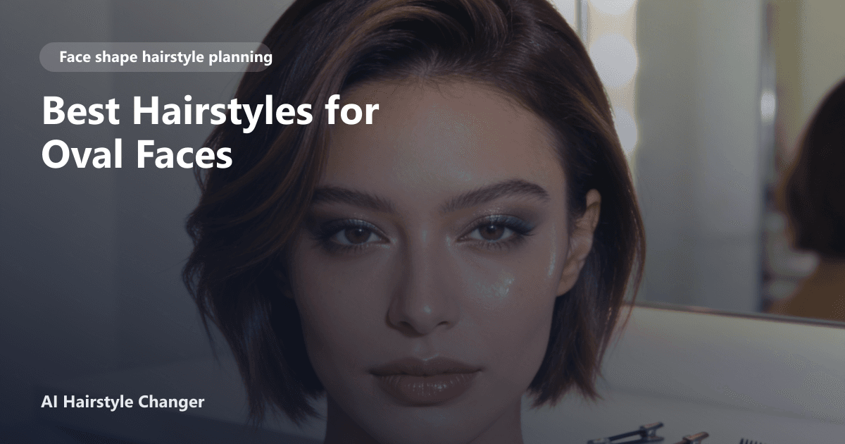 Woman with an oval face shape modeling four distinct hairstyles: blunt bob, layered lob, soft fringe, and long waves, with page title text overlay.