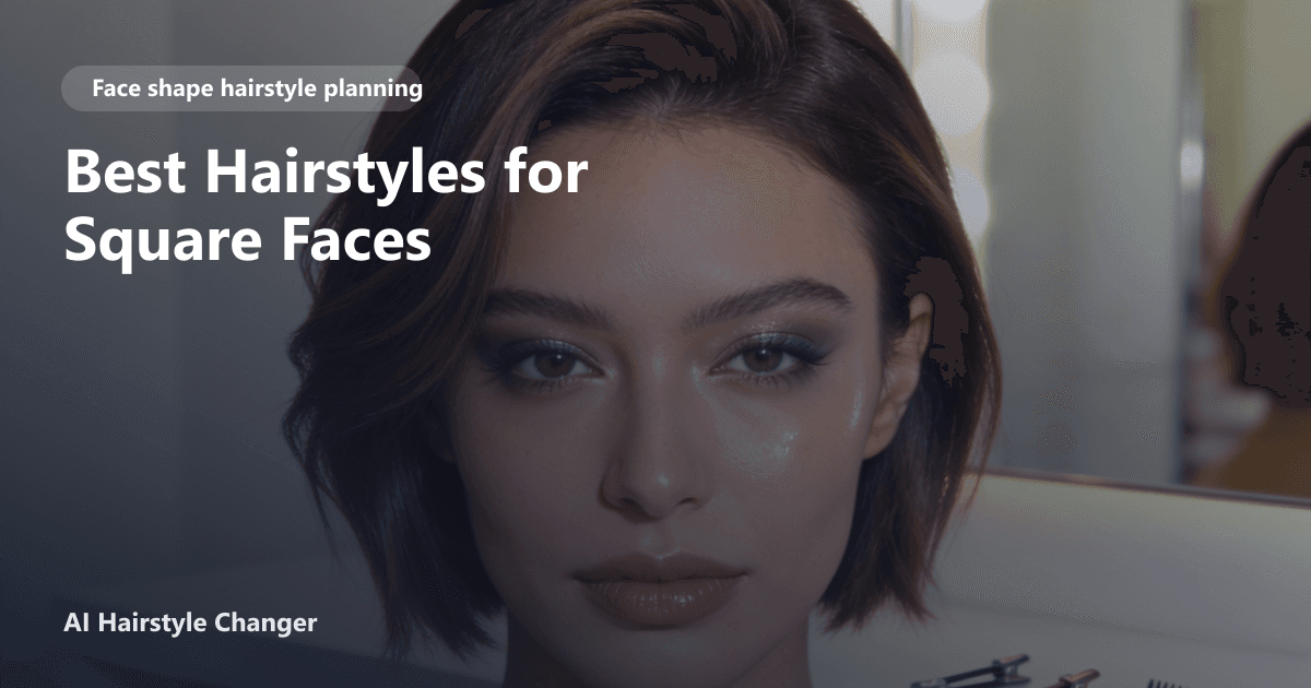 Portrait lineup showing haircut directions that flatter different face shapes, with "Best Hairstyles for Square Faces" title overlay.