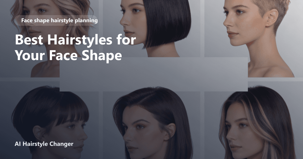 Grid comparing six flattering haircut directions across different face-shape examples with the page title overlay.