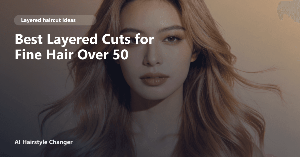 Woman over 50 with fine, shoulder-length layered hair and soft face-framing layers, smiling in a bright salon setting