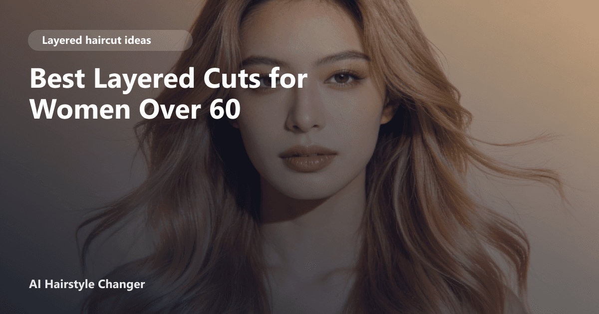 A woman in her 60s with soft, shoulder-length layered hair and side-swept bangs, smiling in natural light, with page title text overlaid.
