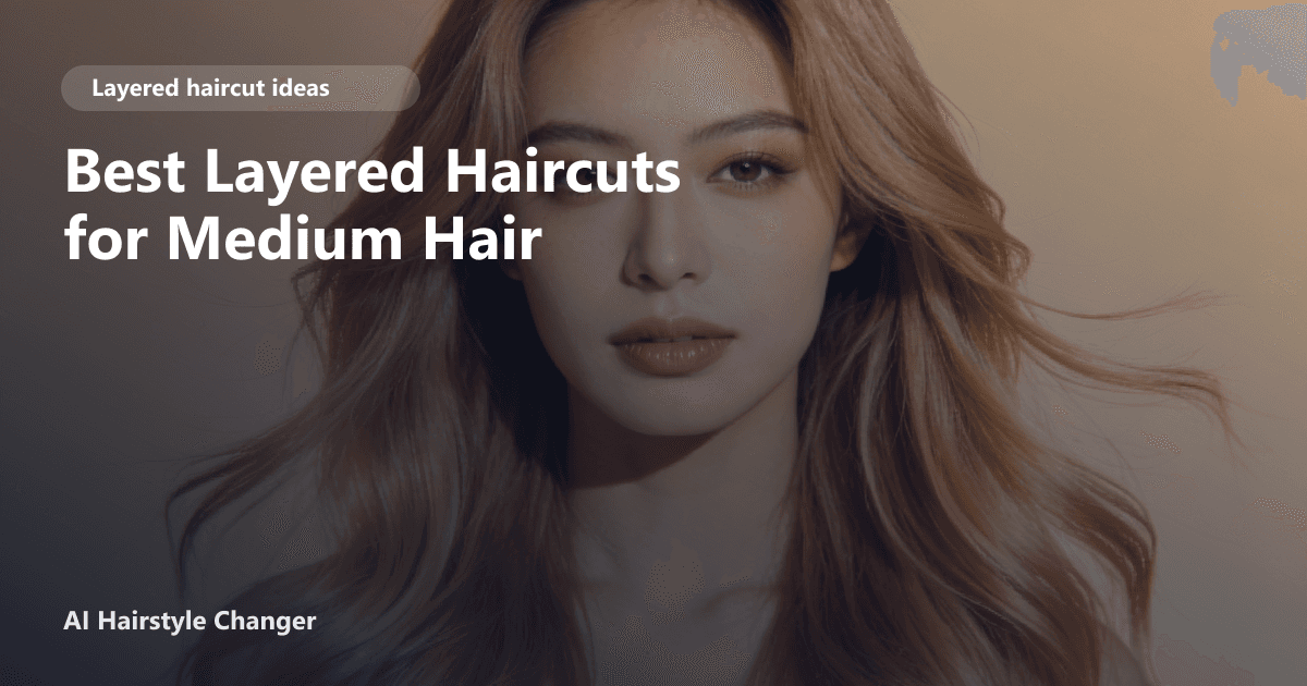 Layered haircut with visible movement, soft face framing, and salon polish, with "Best Layered Haircuts for Medium Hair" title overlay.