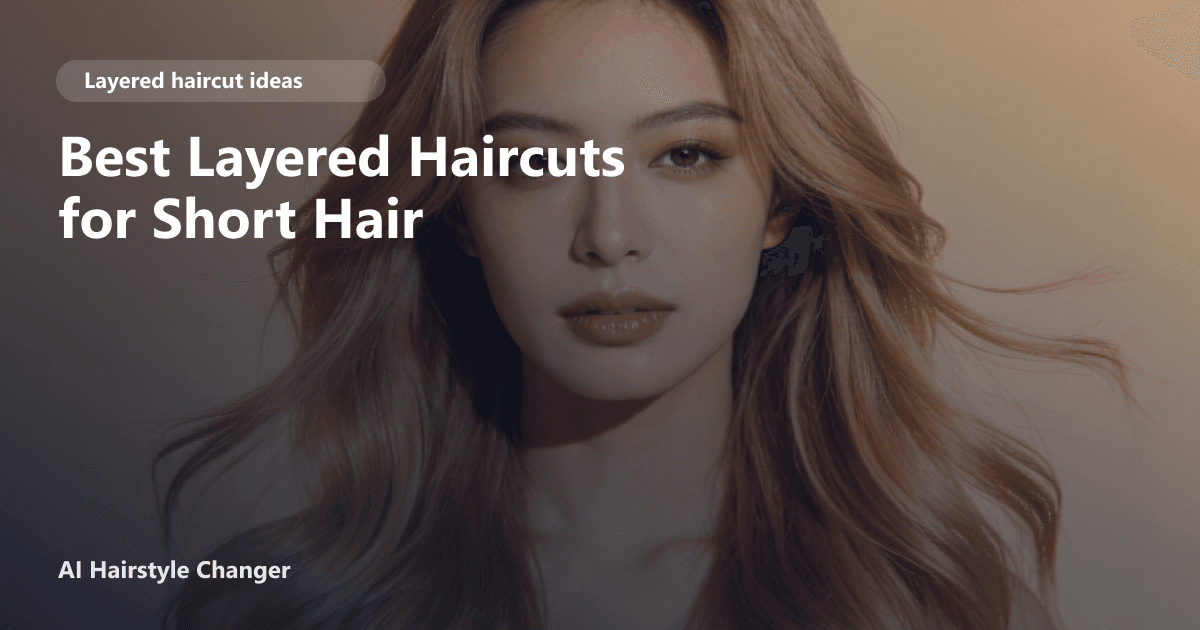 Woman with a textured short layered bob, wispy side bangs, and natural volume, overlaid with the page title Best Layered Haircuts for Short Hair.