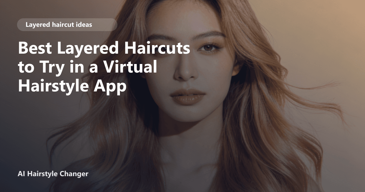 Layered haircut with visible movement, soft face framing, and salon polish, with "Best Layered Haircuts to Try in a Virtual Hairstyle App".