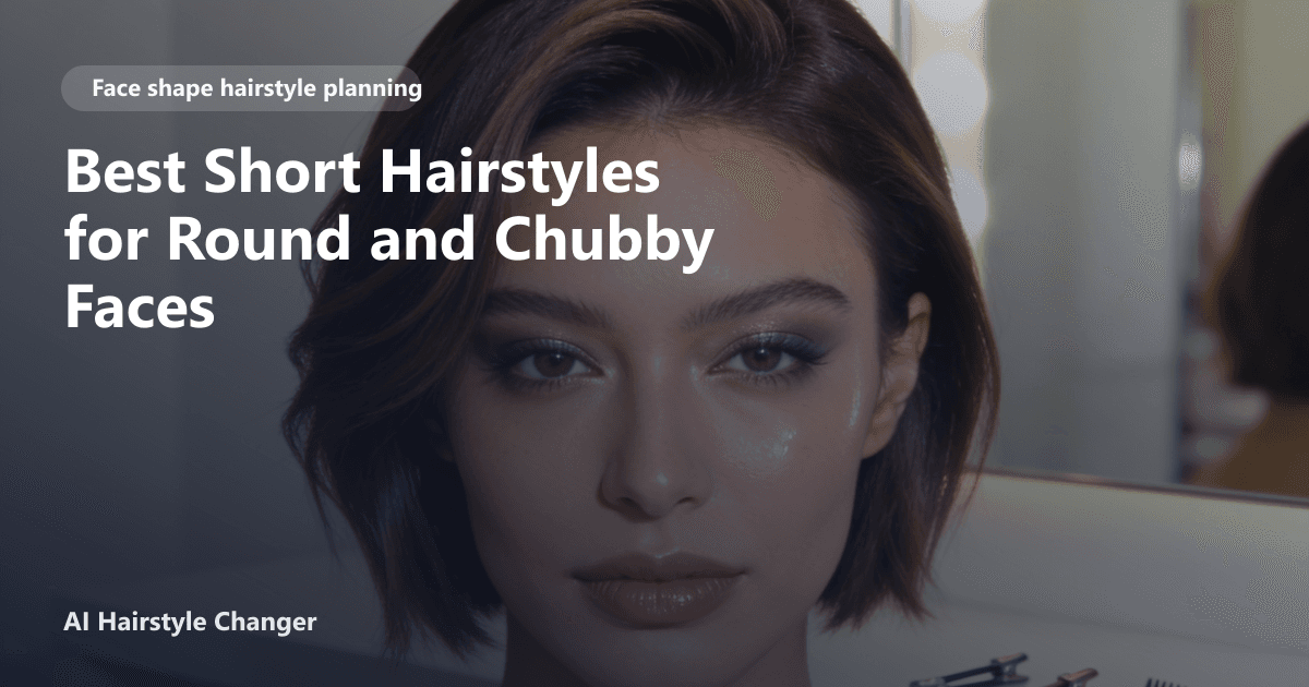 Portrait lineup showing haircut directions that flatter different face shapes, with "Best Short Hairstyles for Round and Chubby Faces".