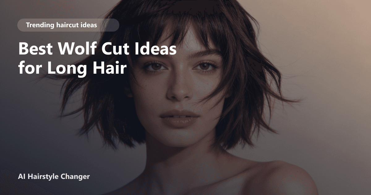 Trend-led haircut with visible layering, movement, and face-framing shape, with "Best Wolf Cut Ideas for Long Hair" title overlay.