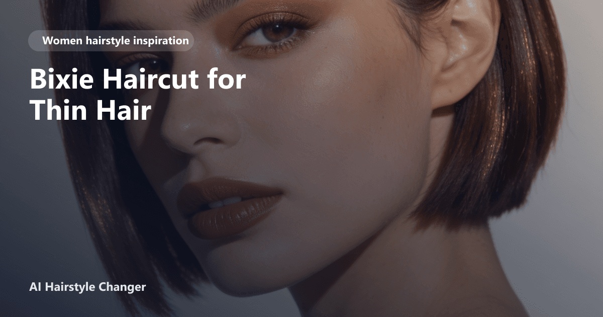 Woman with thin hair wearing a textured bixie haircut, soft layers adding volume, with the page title 'Bixie Haircut for Thin Hair' overlaid