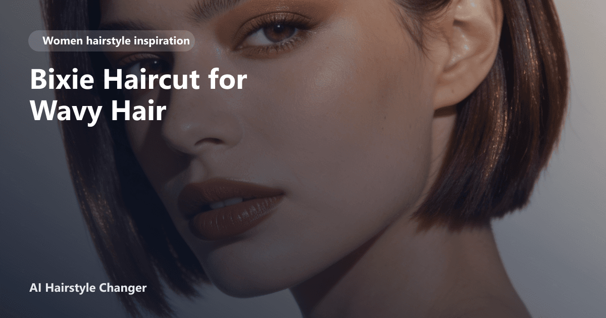 Woman with natural wavy hair in a textured bixie haircut, soft layers framing her face, with page title text overlayed at the bottom.