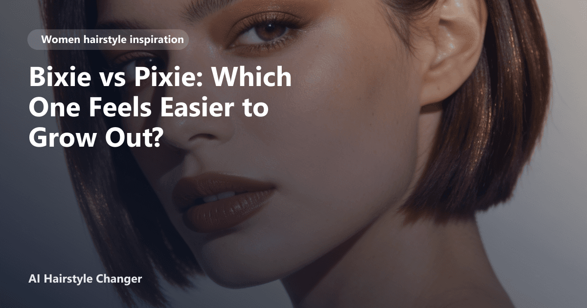 Side-by-side comparison of a woman with a classic pixie cut and another with a bixie, showing different grow-out stages and the page title overlay
