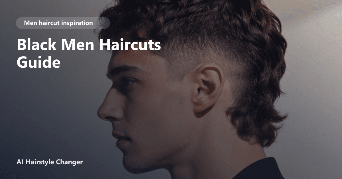 Modern men's haircut with defined shape, clean sides, and natural texture, with "Black Men Haircuts Guide" title overlay.