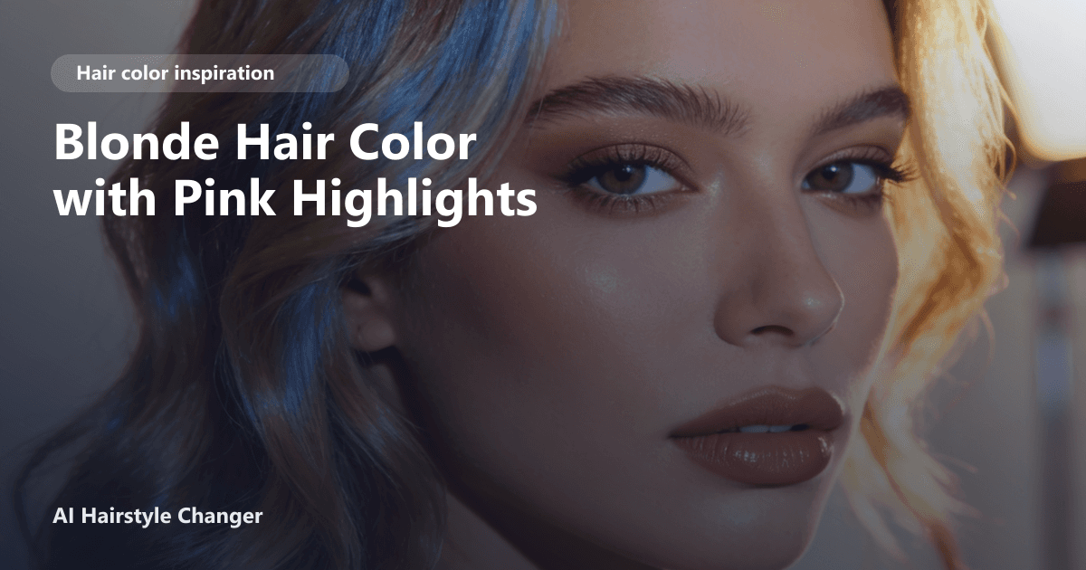 Close-up portrait with dimensional blonde tones and "Blonde Hair Color with Pink Highlights" title overlay.