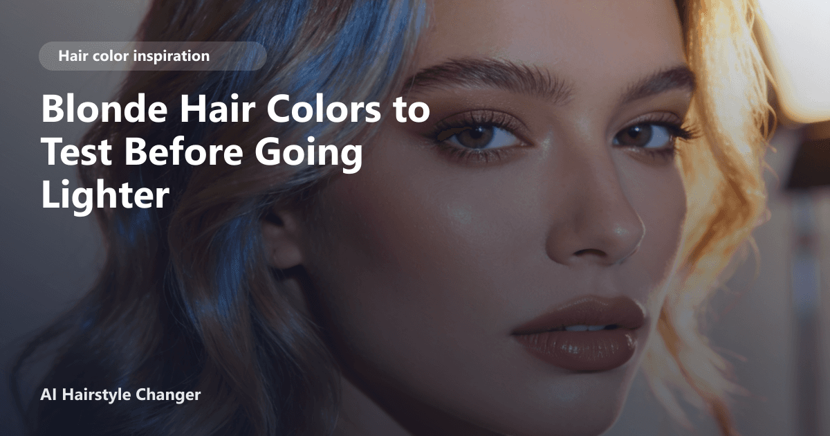 Close-up portrait with dimensional blonde tones and "Blonde Hair Colors to Test Before Going Lighter" title overlay.
