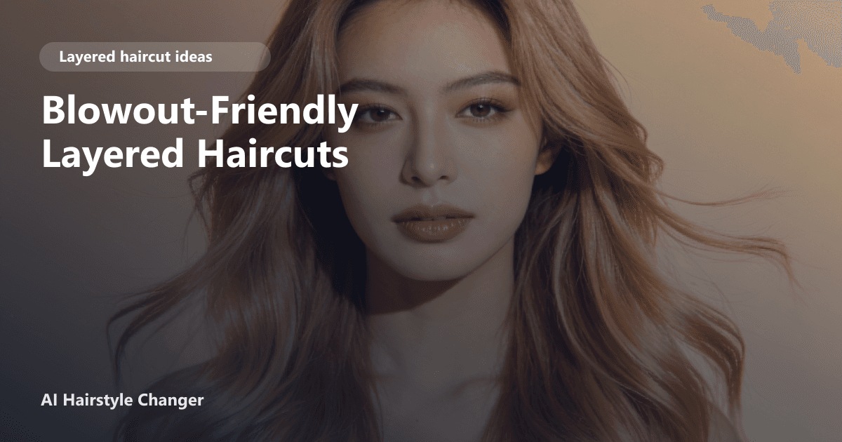 Woman with voluminous, blowout-styled layered hair, featuring soft movement and bouncy ends, with the page title overlaid in modern text.