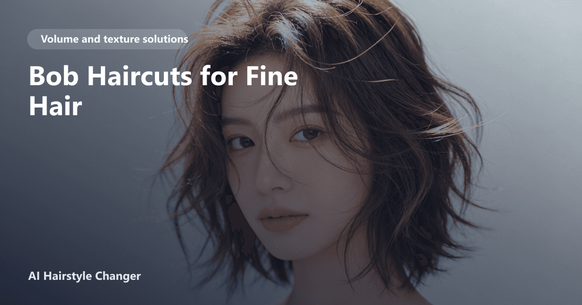 A woman with fine hair wearing a textured chin-length bob, styled for volume and movement, with subtle layering and side-swept fringe.