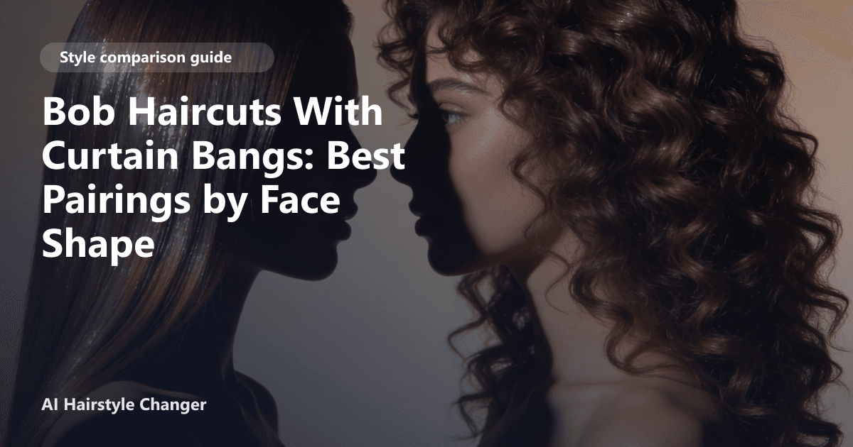 Woman with a textured chin-length bob and soft curtain bangs, showing how the style frames her oval face shape, with title text overlay.