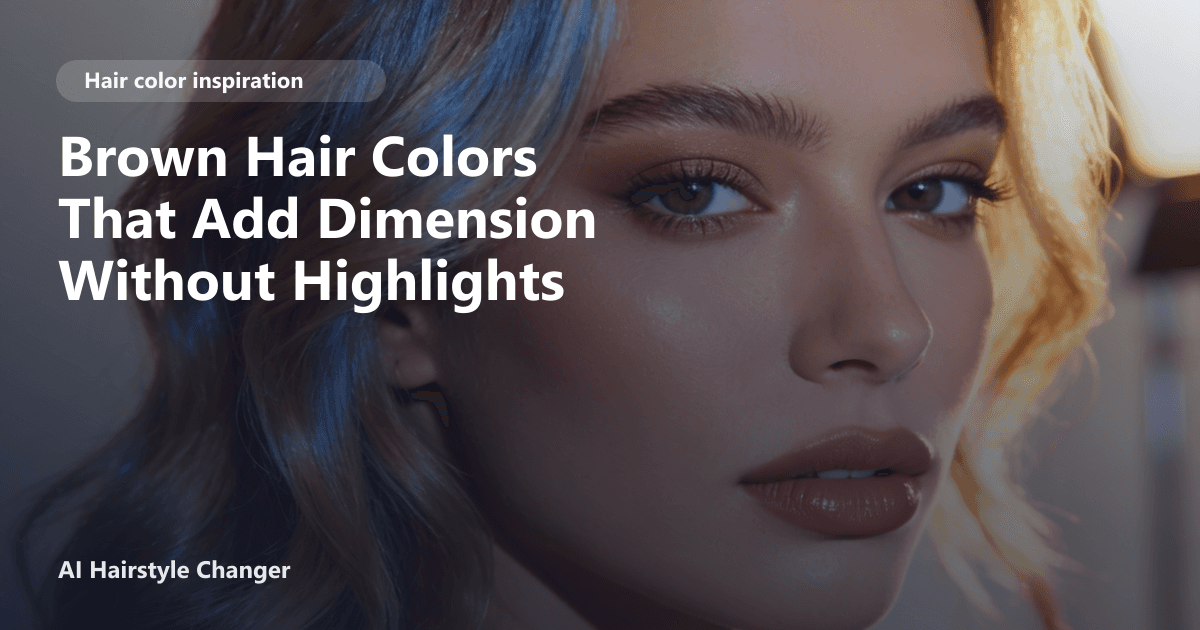 Close-up portrait with dimensional brown tones and "Brown Hair Colors That Add Dimension Without Highlights" title overlay.