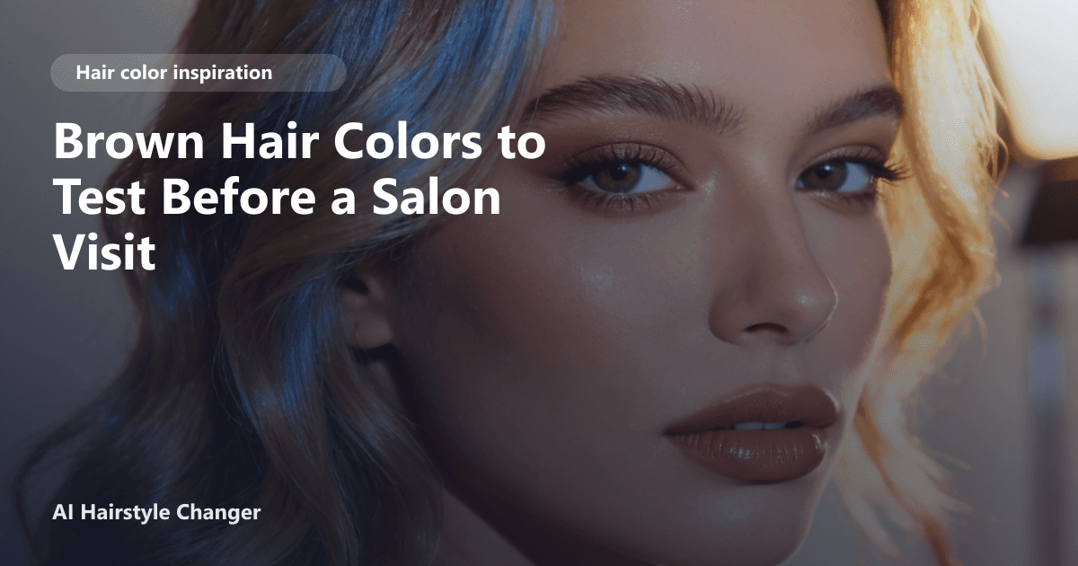 Close-up portrait with dimensional brown tones and "Brown Hair Colors to Test Before a Salon Visit" title overlay.