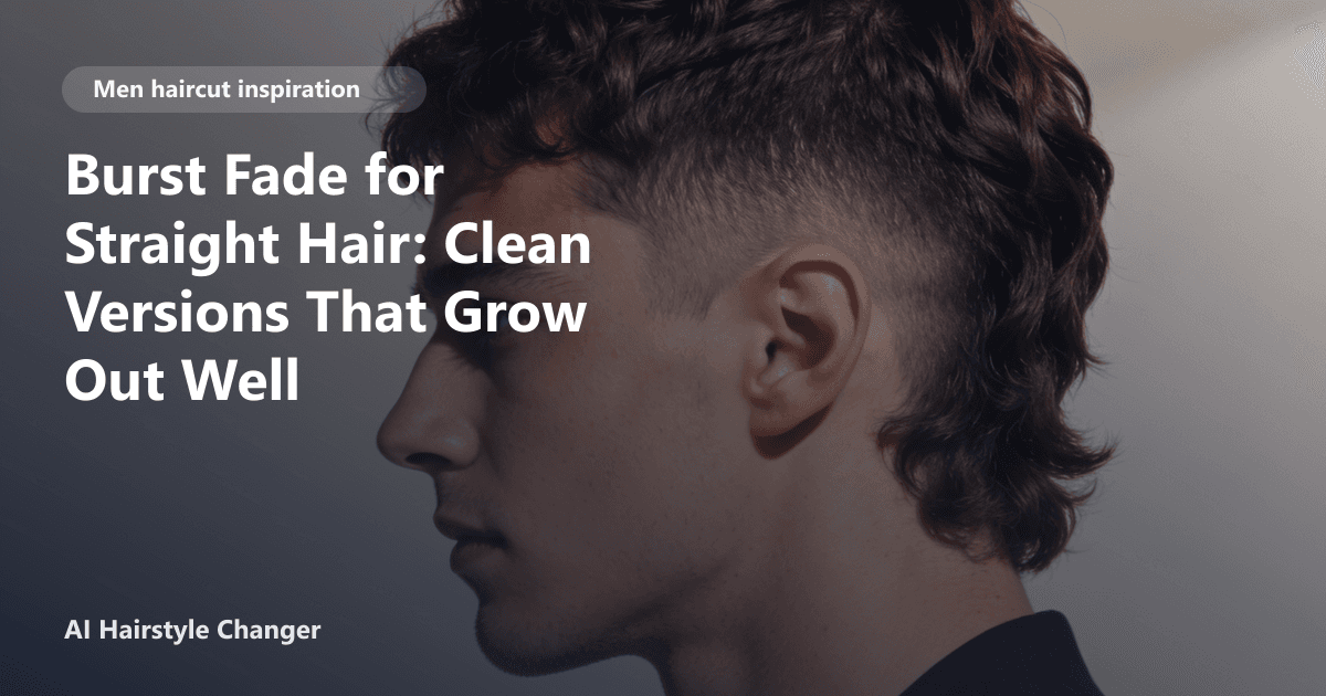Young man with straight hair wearing a clean burst fade haircut, sides tapered around the ear, styled top; page title text overlaid.