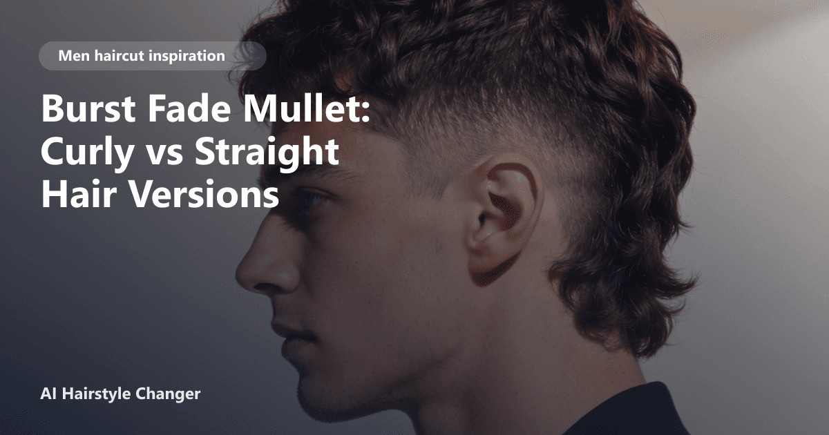 Side-by-side comparison of a curly burst fade mullet and a straight hair burst fade mullet, both styled cleanly with visible fade transitions.