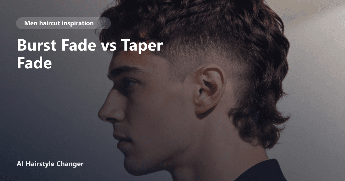 Side-by-side comparison of a man with a burst fade and another with a taper fade, both showing clean fade transitions and styled top hair.