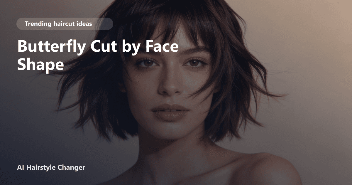 Woman with a butterfly cut hairstyle, soft face-framing layers and curtain bangs, overlay text reads 'Butterfly Cut by Face Shape'