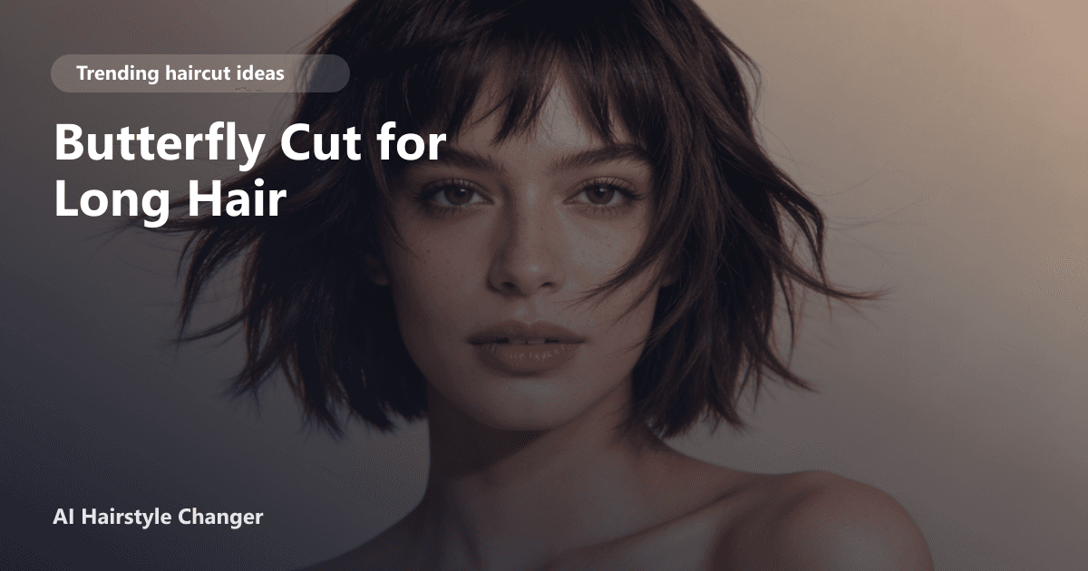 Trend-led haircut with visible layering, movement, and face-framing shape, with "Butterfly Cut for Long Hair" title overlay.