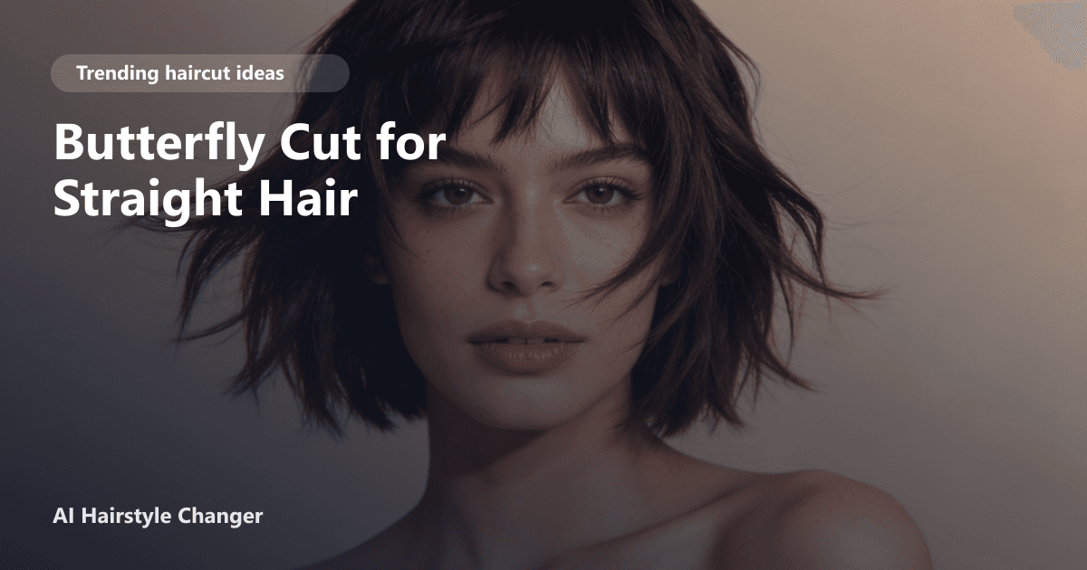 Trend-led haircut with visible layering, movement, and face-framing shape, with "Butterfly Cut for Straight Hair" title overlay.