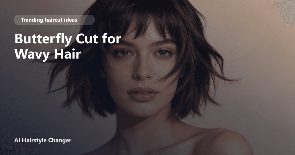 Woman with natural wavy hair styled in a butterfly cut, featuring soft face-framing layers and airy volume, with page title overlay.