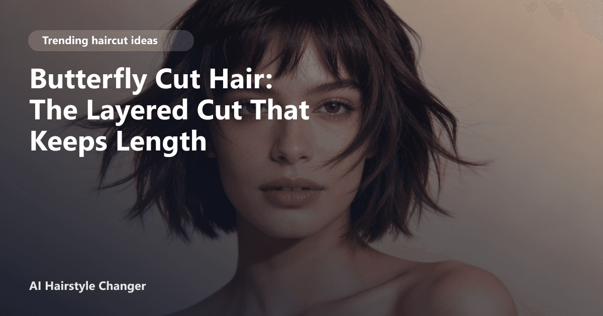 Trend-led haircut with visible layering, movement, and face-framing shape, with "Butterfly Cut Hair The Layered Cut That Keeps Length".