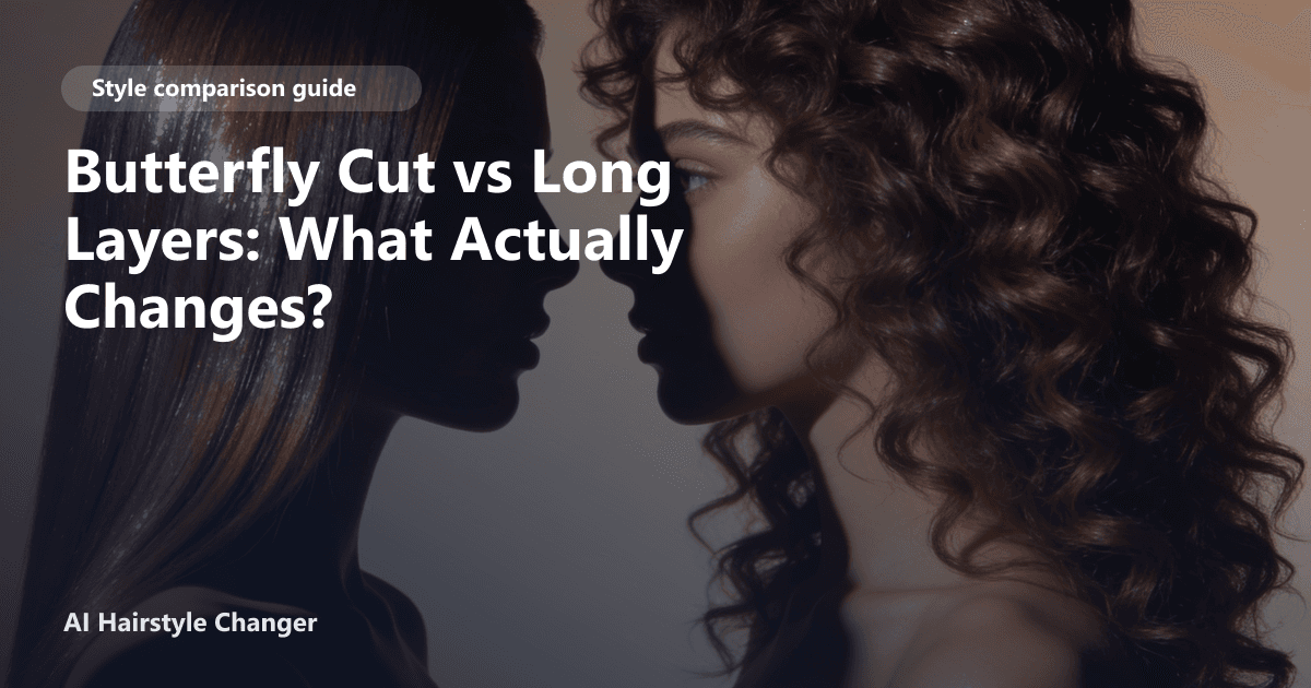 Side-by-side comparison of a woman with a butterfly cut and another with long layers, each style clearly visible, with the page title overlaid.
