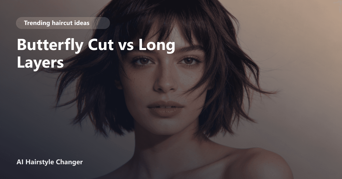 Trend-led haircut with visible layering, movement, and face-framing shape, with "Butterfly Cut vs Long Layers" title overlay.