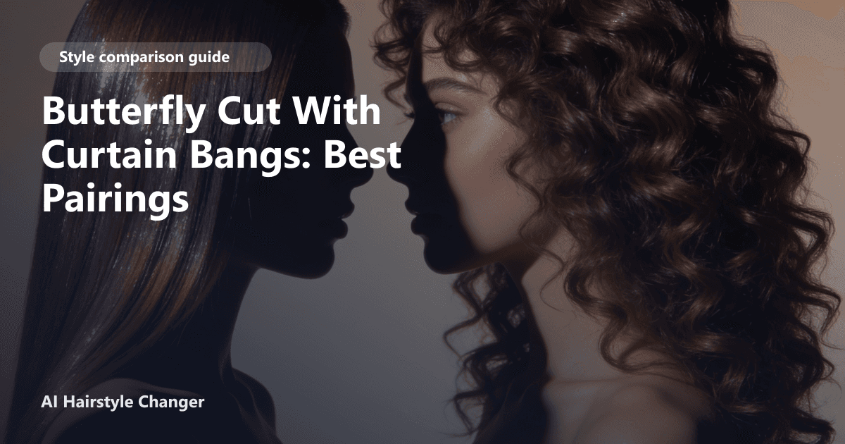 Woman with a butterfly cut and soft curtain bangs, hair styled in voluminous layers, smiling in a bright salon setting.